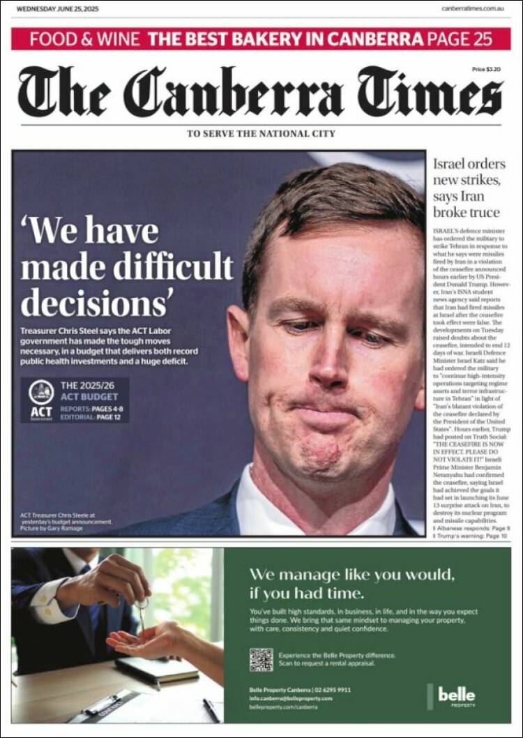 Portada de The Canberra Times (Australia)