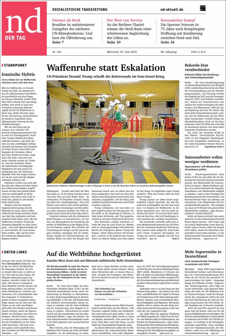 Portada de Neues Deutschland (Alemania)