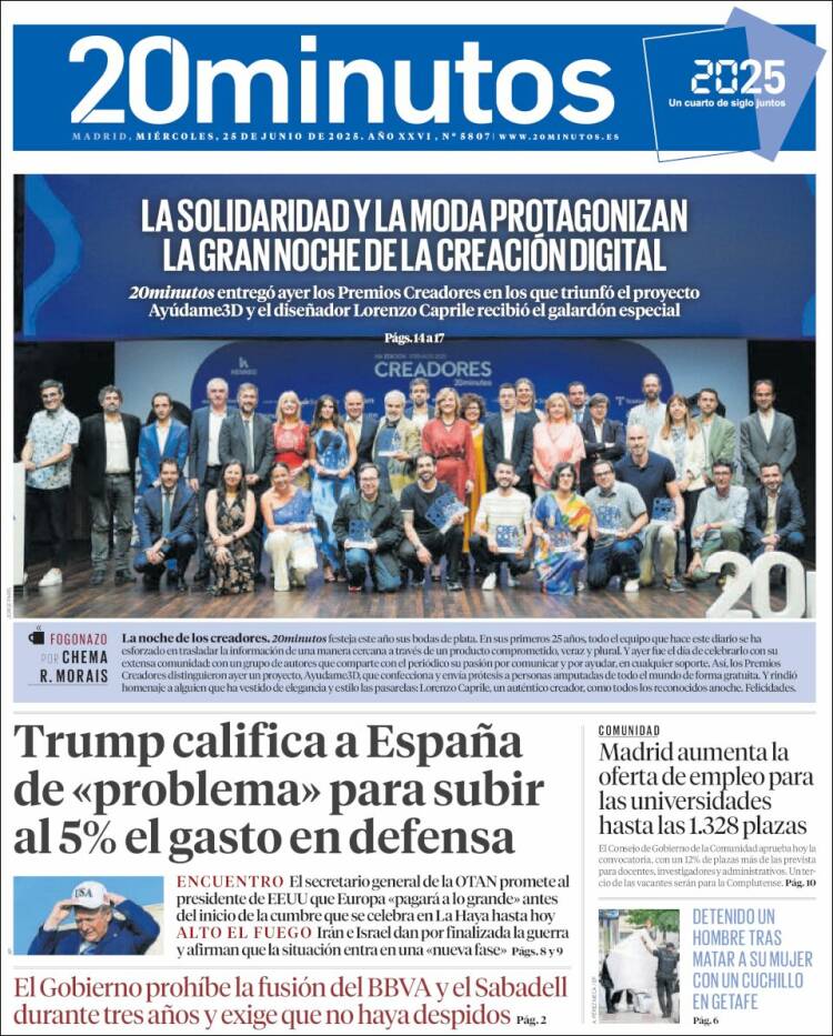 Portada de 20 Minutos - Madrid (España)