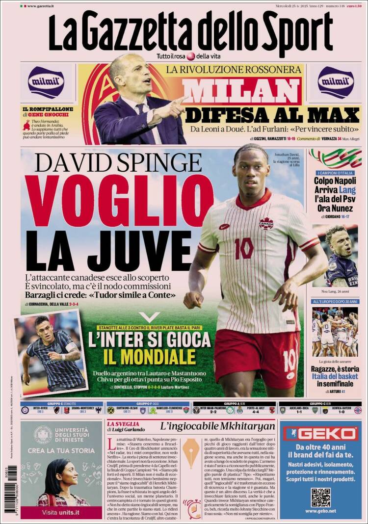 Portada de La Gazzetta dello Sport (Italia)
