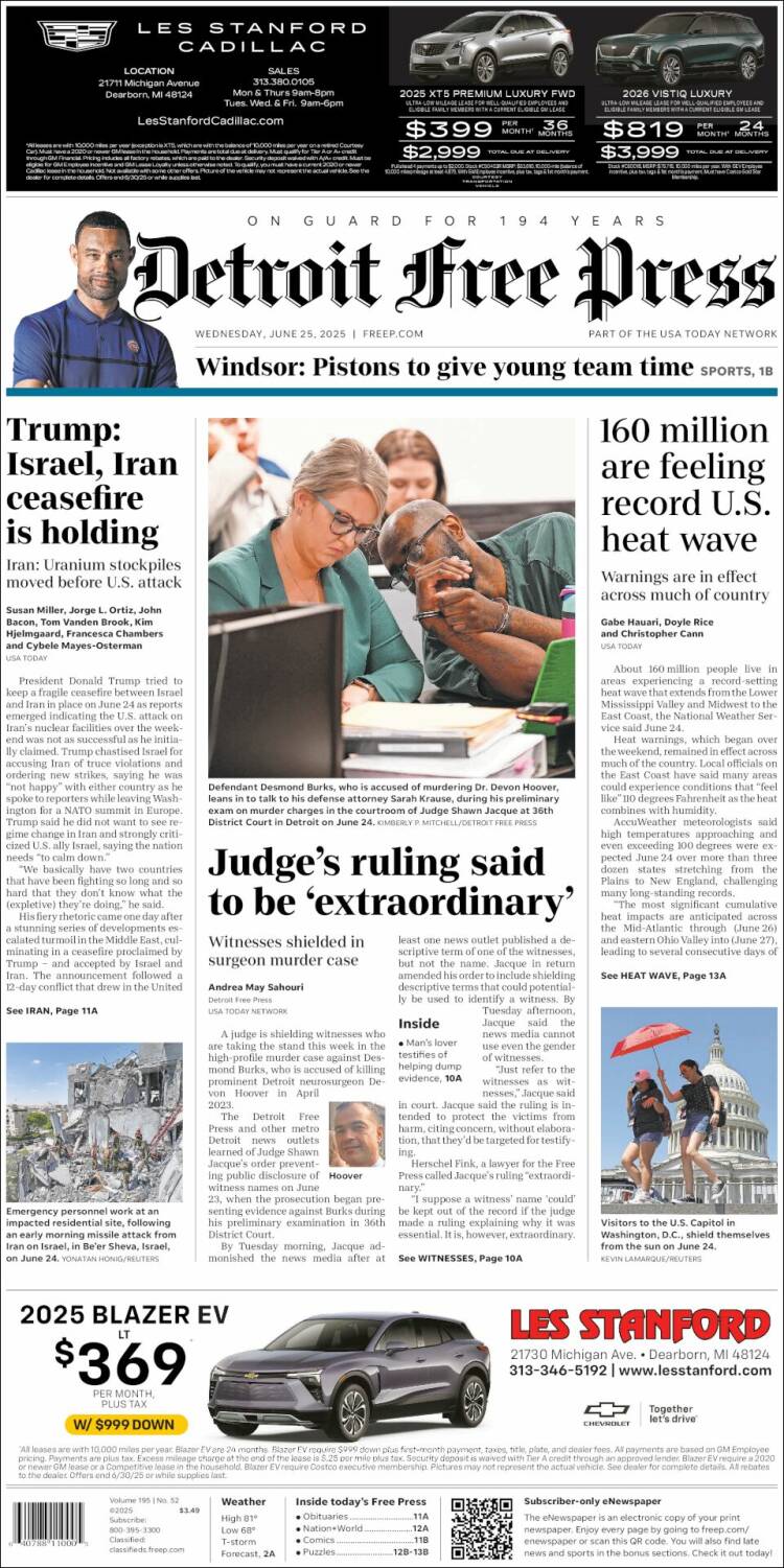 Portada de Detroit Free Press (USA)