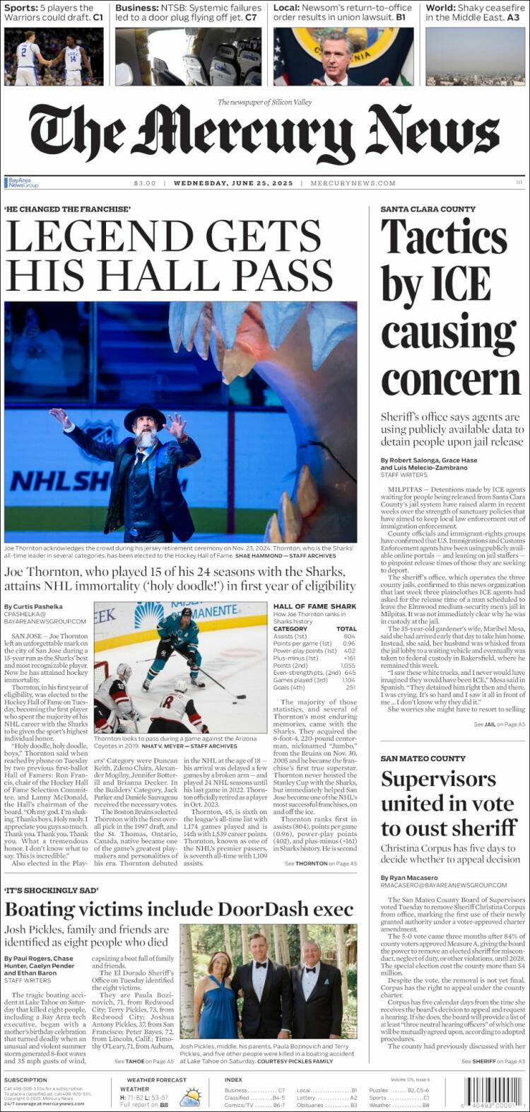 Portada de San Jose Mercury News (USA)