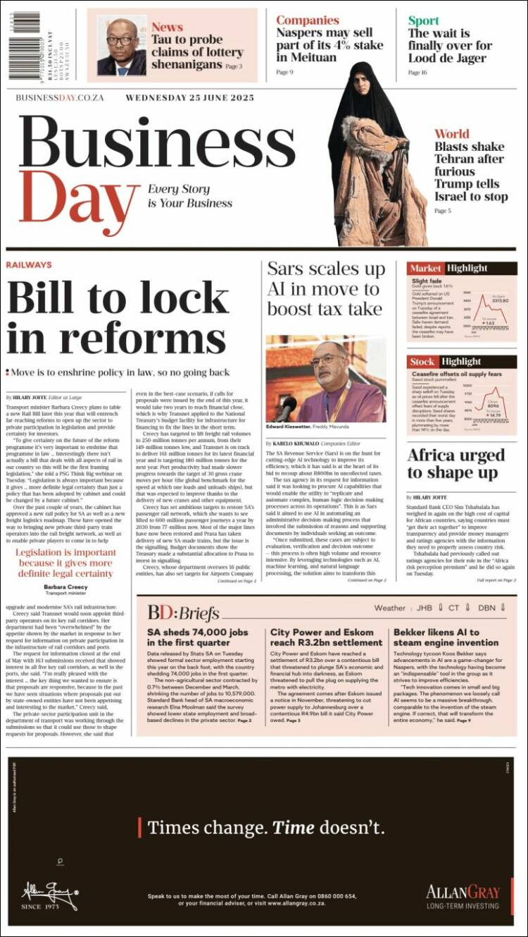 Portada de Business Day (Sudáfrica)