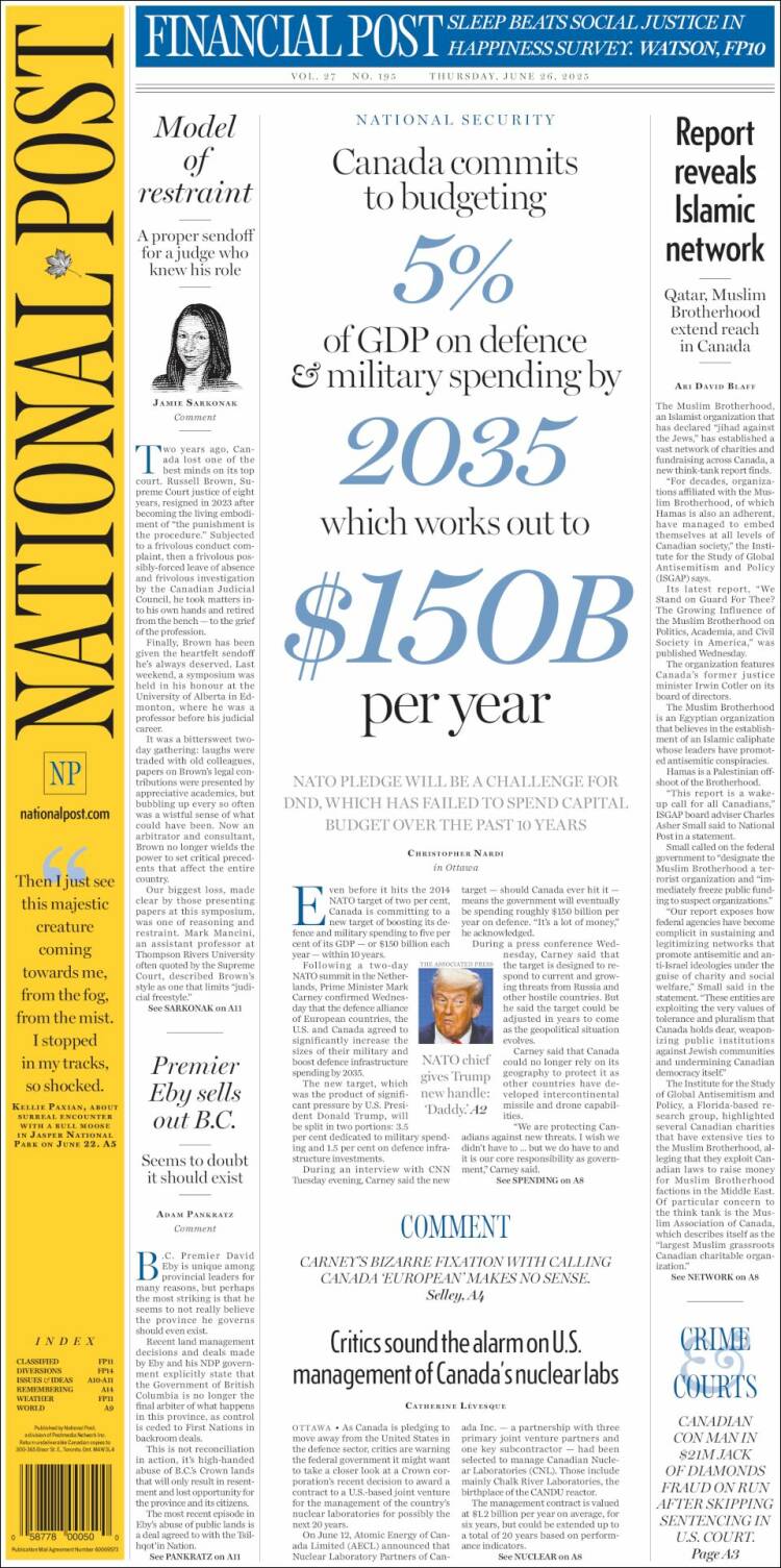 Portada de The National Post (Canadá)