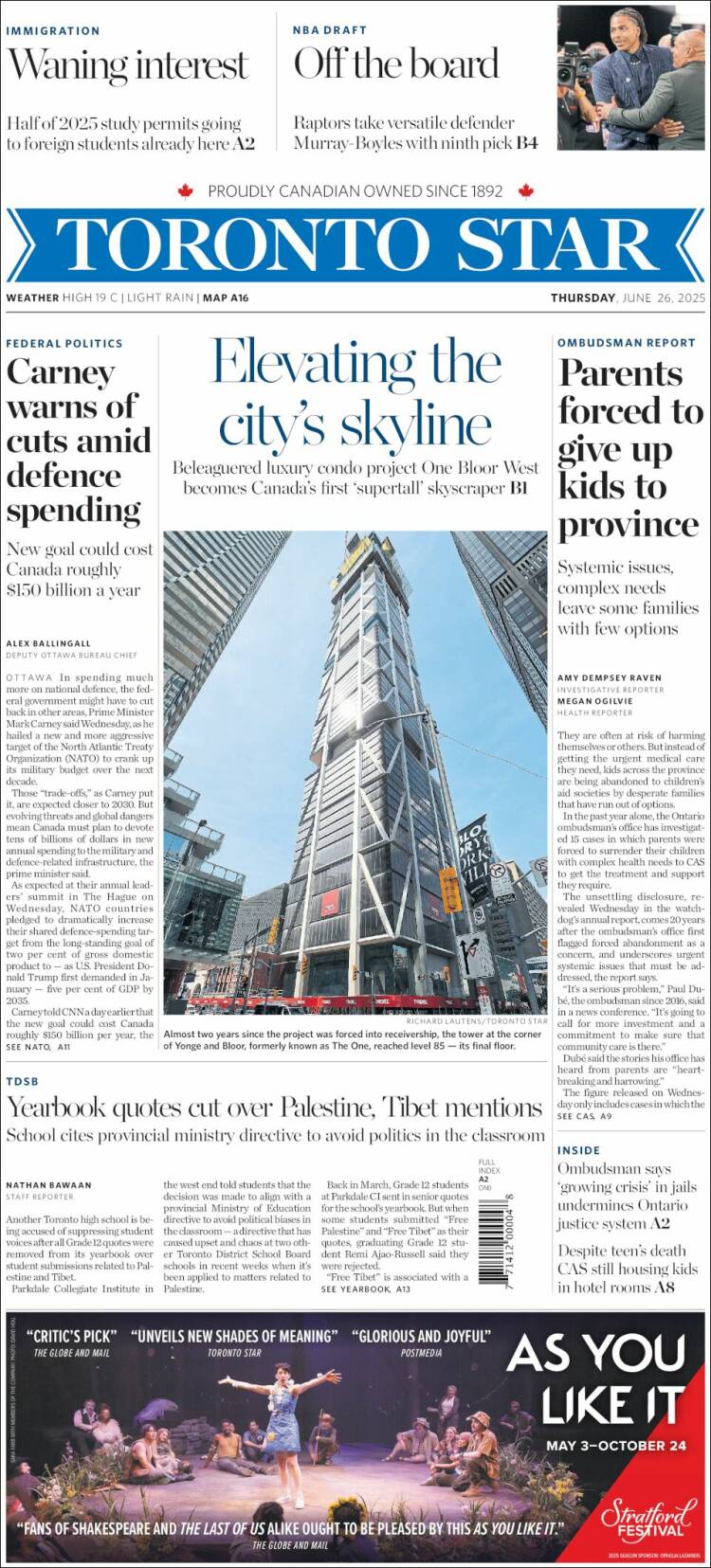 Portada de The Toronto Star (Canadá)