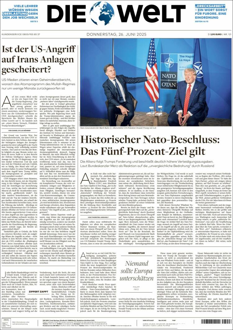 Portada de Die Welt (Alemania)