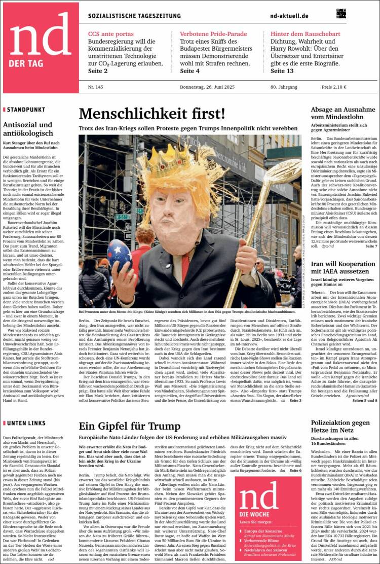 Portada de Neues Deutschland (Alemania)