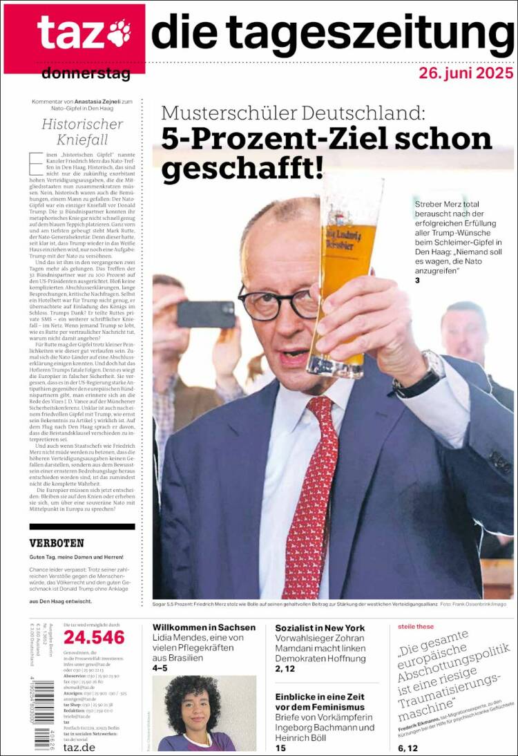 Portada de Die Tageszeitung (Alemania)