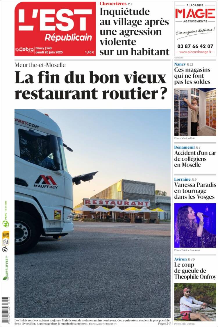 Portada de L'Est Republicain (Francia)