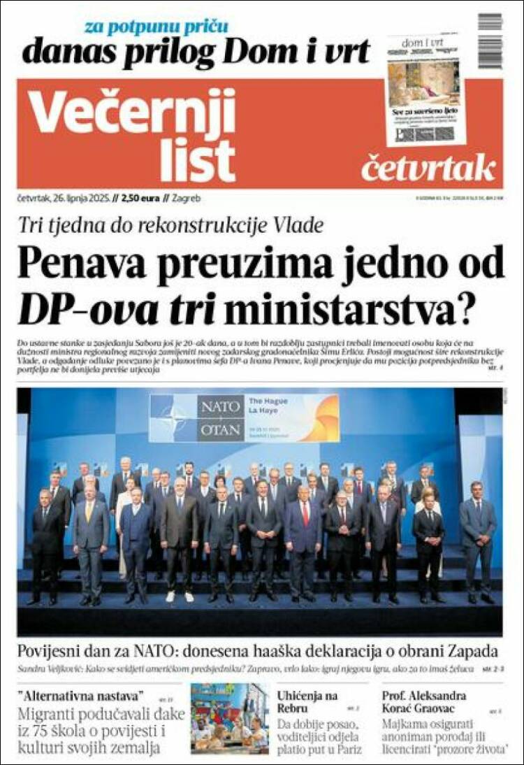 Portada de Večernji (Croacia)