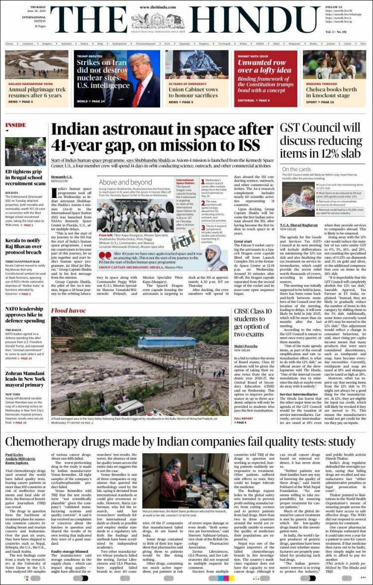 Portada de The Hindu (India)