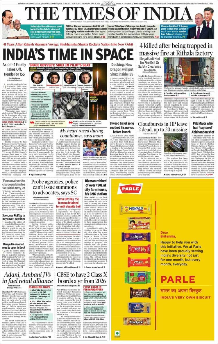 Portada de The Times of India (India)
