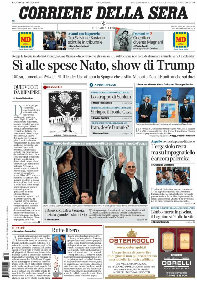 Portada de Corriere della Sera (Italia)