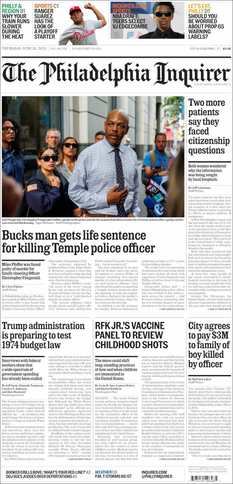 Portada de Philadelphia Inquirer (USA)