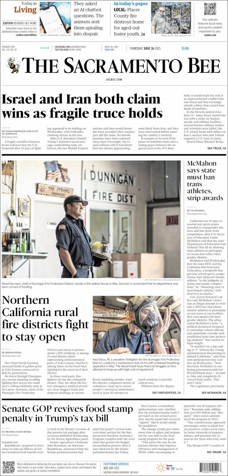 Portada de The Sacramento Bee (USA)