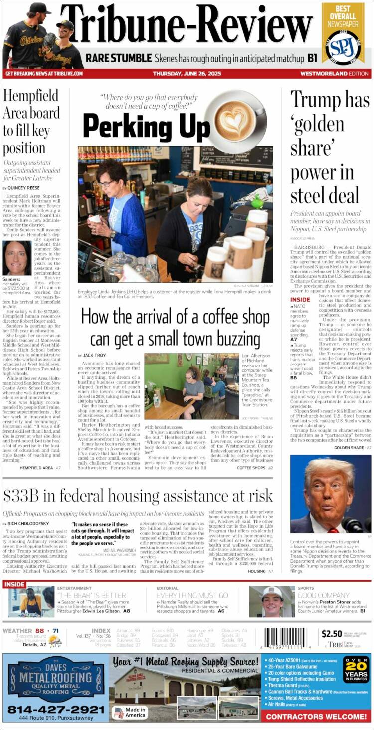 Portada de Tribune-Review (USA)