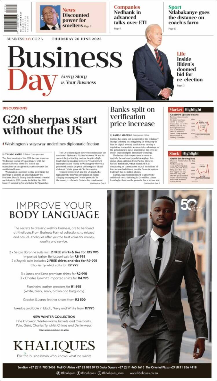 Portada de Business Day (Sudáfrica)