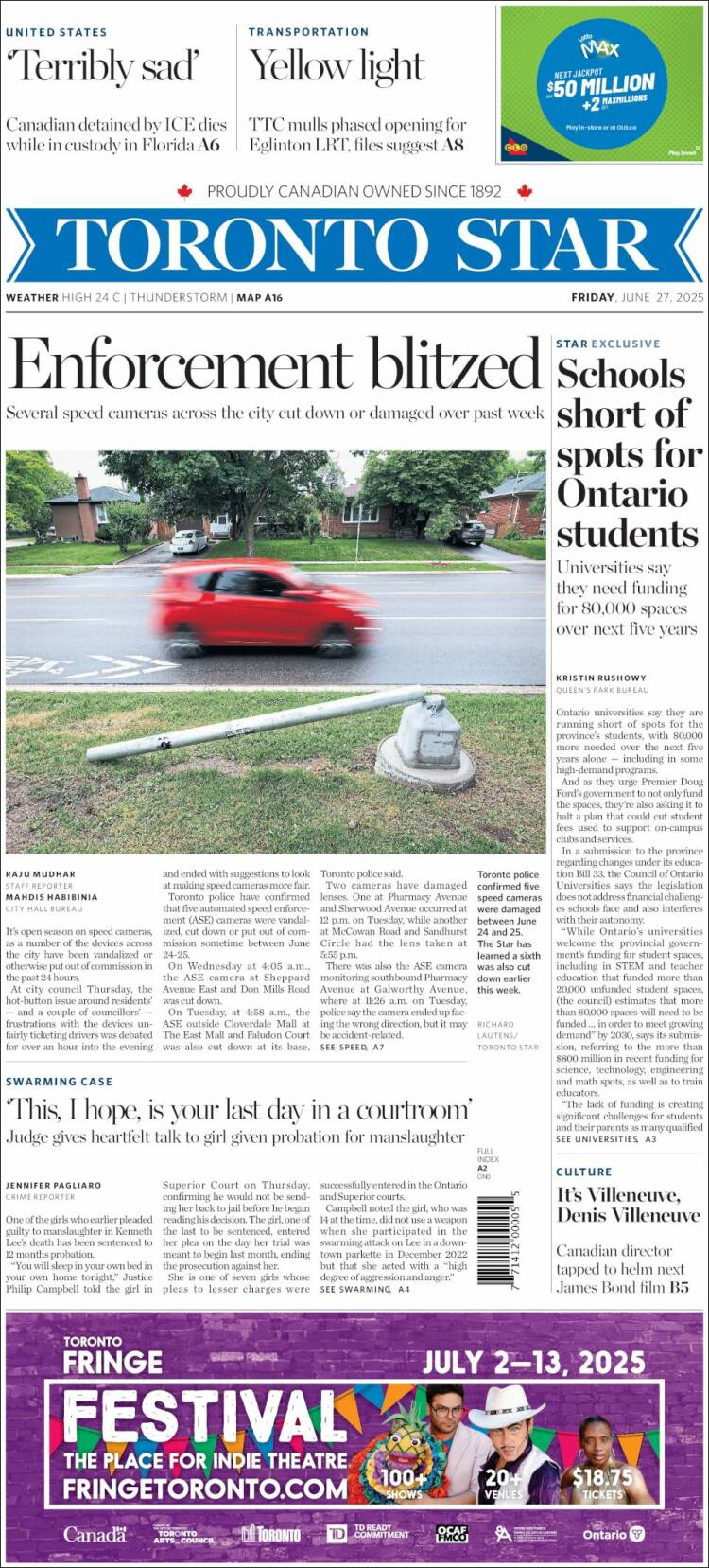 Portada de The Toronto Star (Canadá)