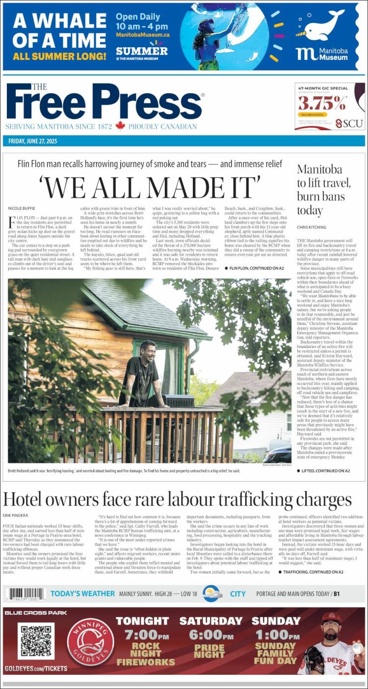 Portada de Winnipeg Free Press (Canadá)