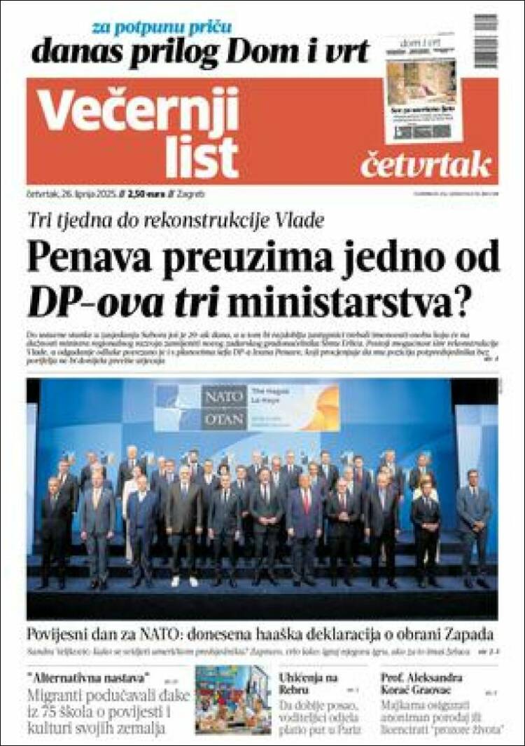 Portada de Večernji (Croacia)