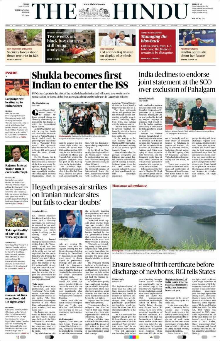 Portada de The Hindu (India)