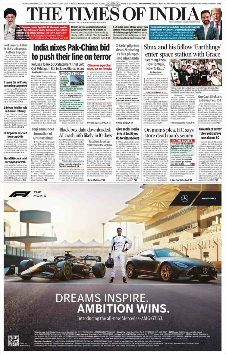 Portada de The Times of India (India)