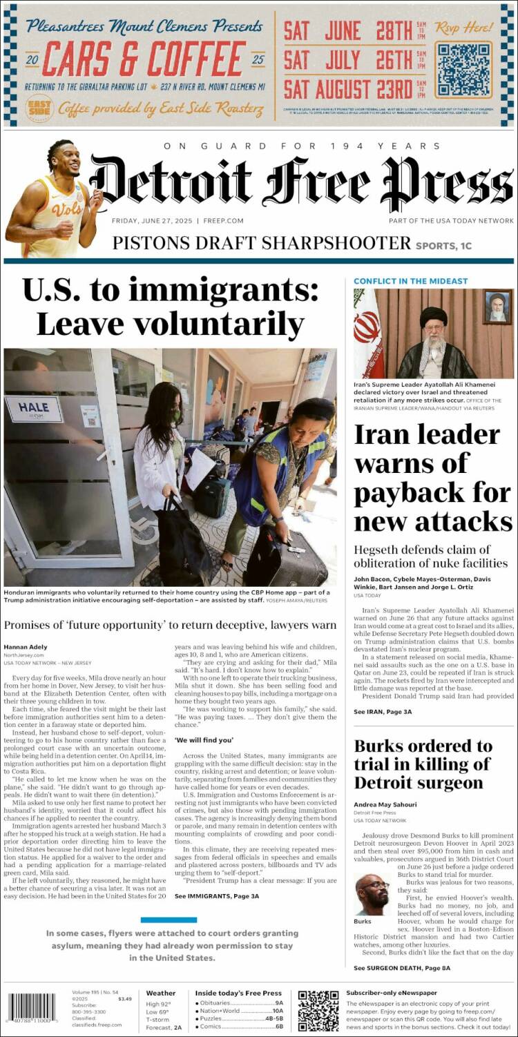 Portada de Detroit Free Press (USA)
