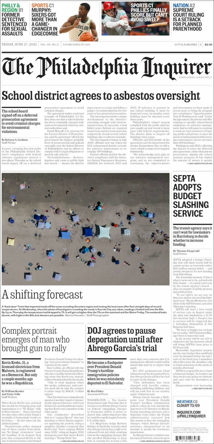 Portada de Philadelphia Inquirer (USA)