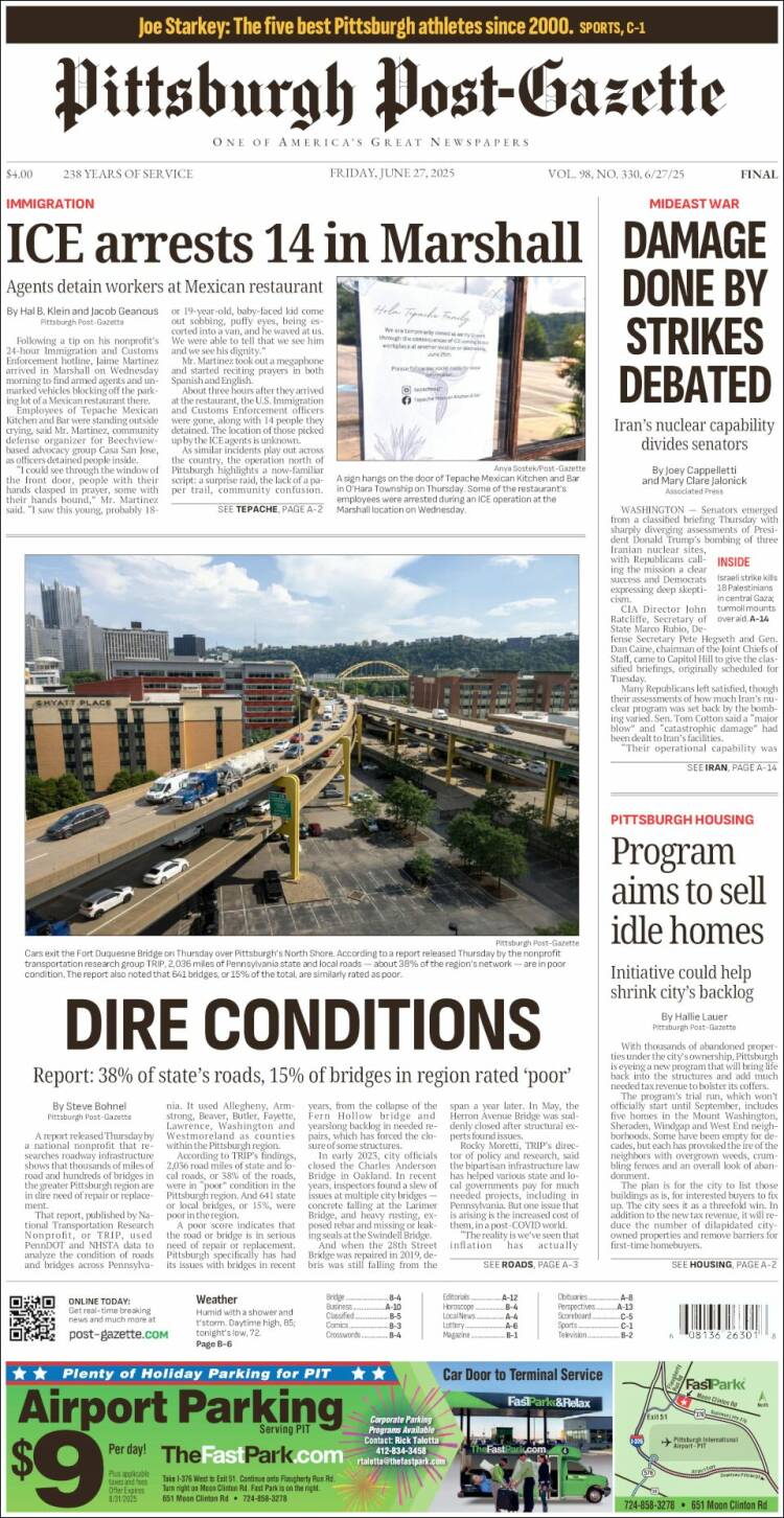 Portada de Pittsburgh Post-Gazette (USA)