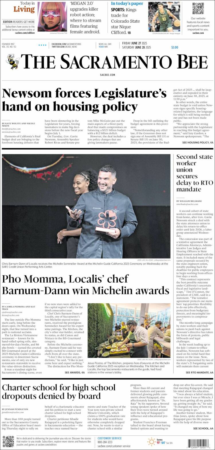 Portada de The Sacramento Bee (USA)