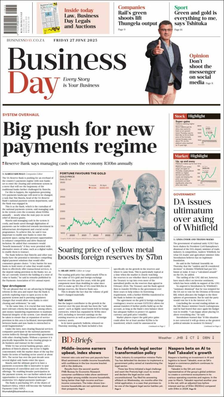 Portada de Business Day (Sudáfrica)