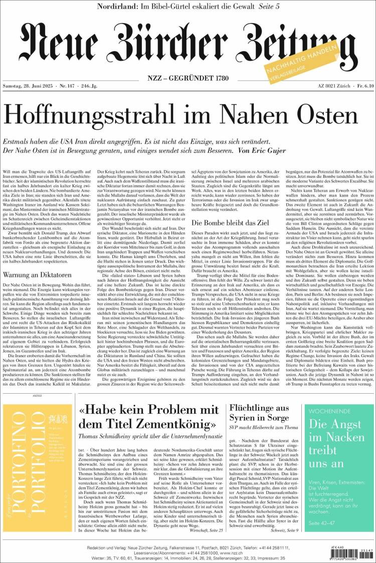 Portada de Neue Zürcher Zeitung (Suiza)