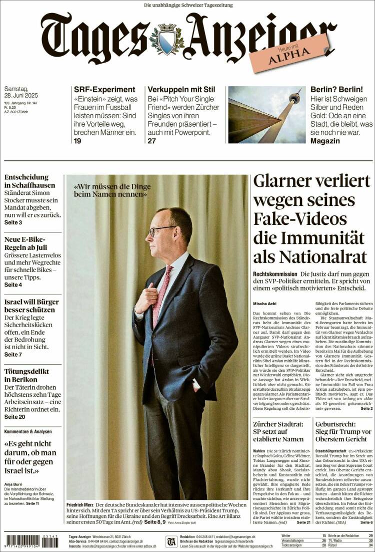 Portada de Tages-Anzeiger (Suiza)