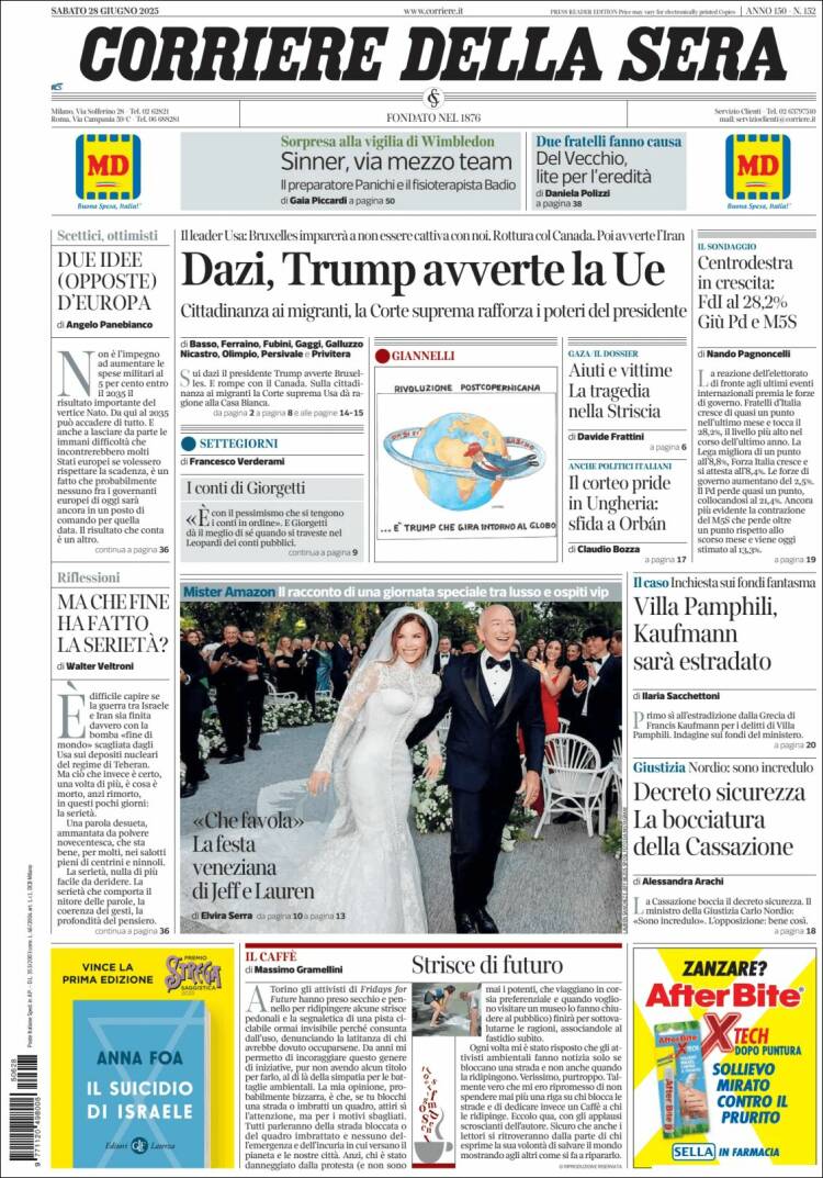 Portada de Corriere della Sera (Italia)