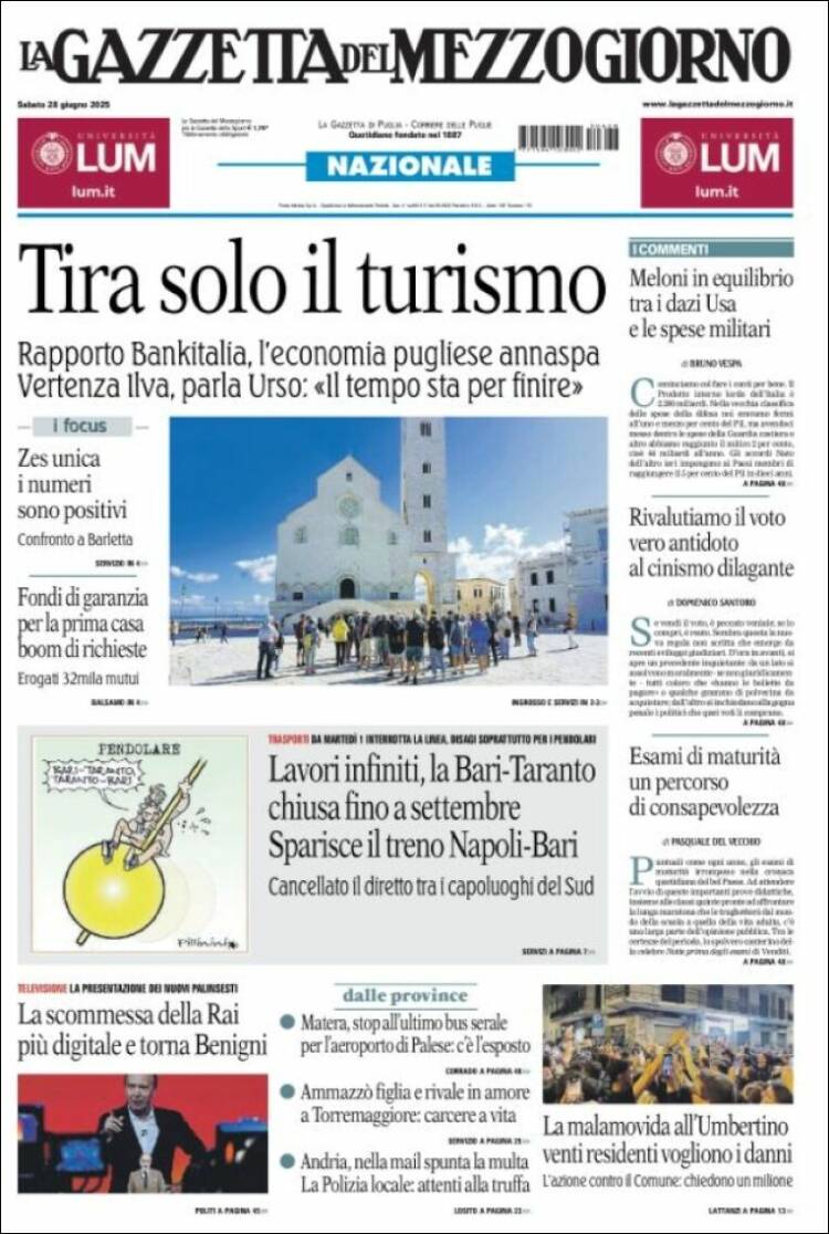 Portada de La Gazzetta del Mezzogiorno (Italia)