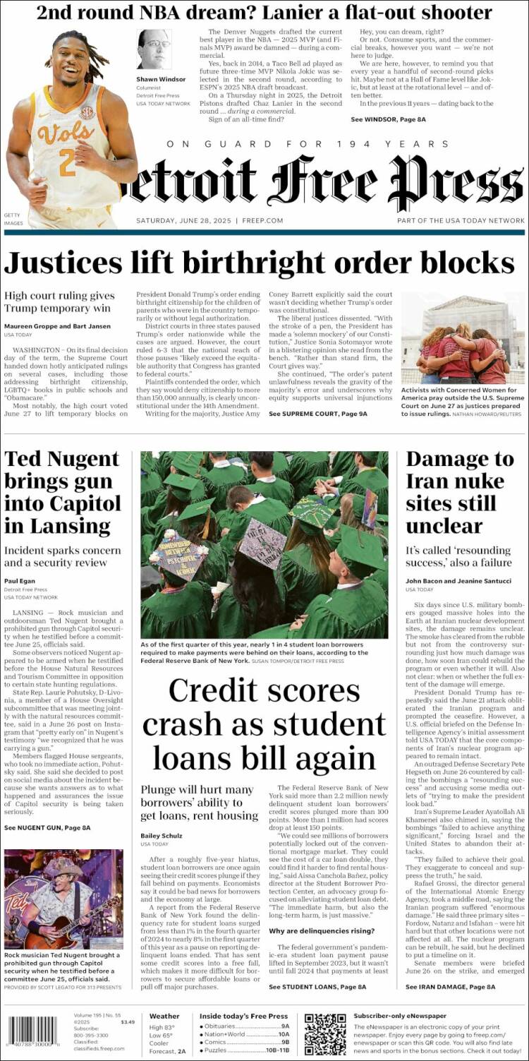Portada de Detroit Free Press (USA)