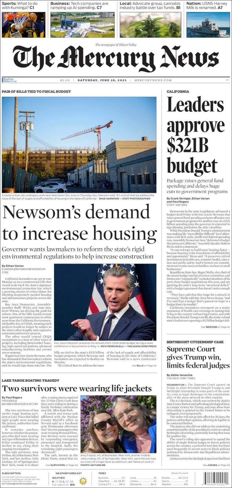 Portada de San Jose Mercury News (USA)