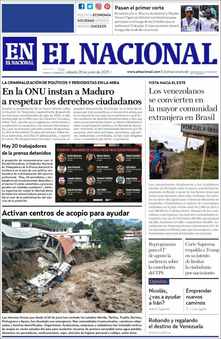 Portada de El Nacional (Venezuela)