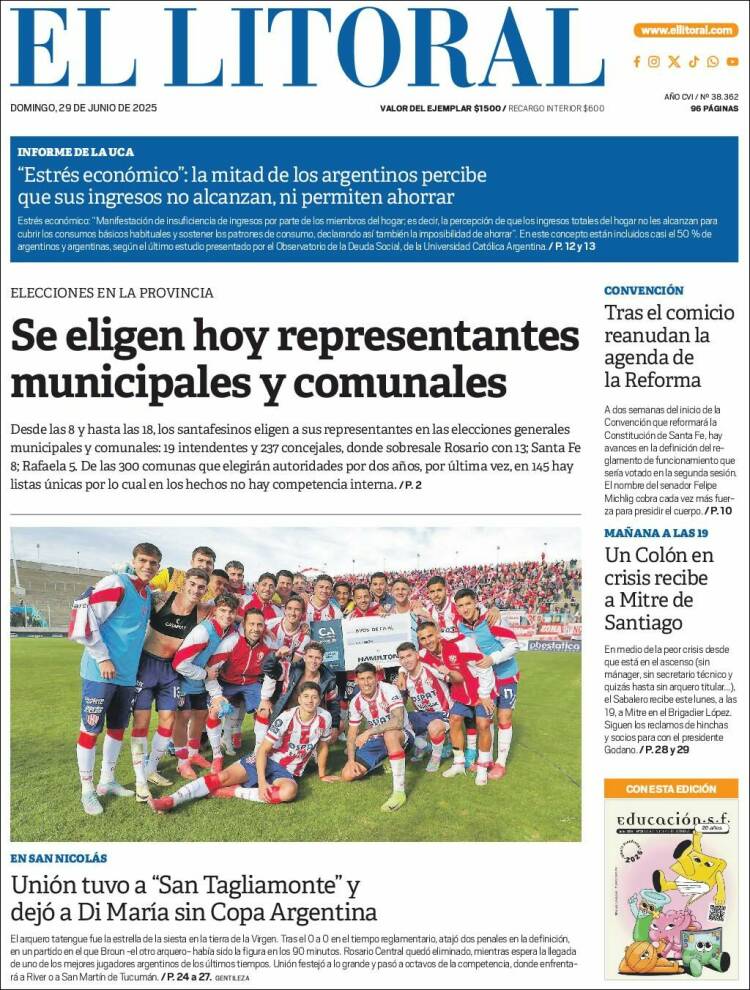 Portada de Diario El Litoral (Argentina)