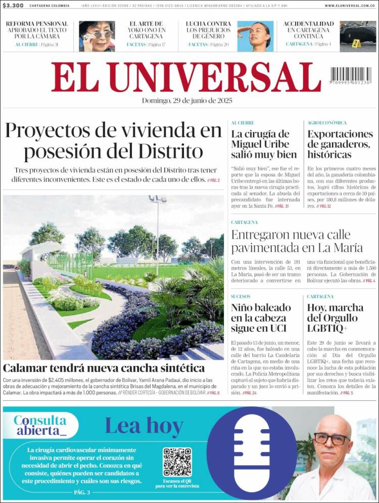 Portada de El Universal (Colombia)