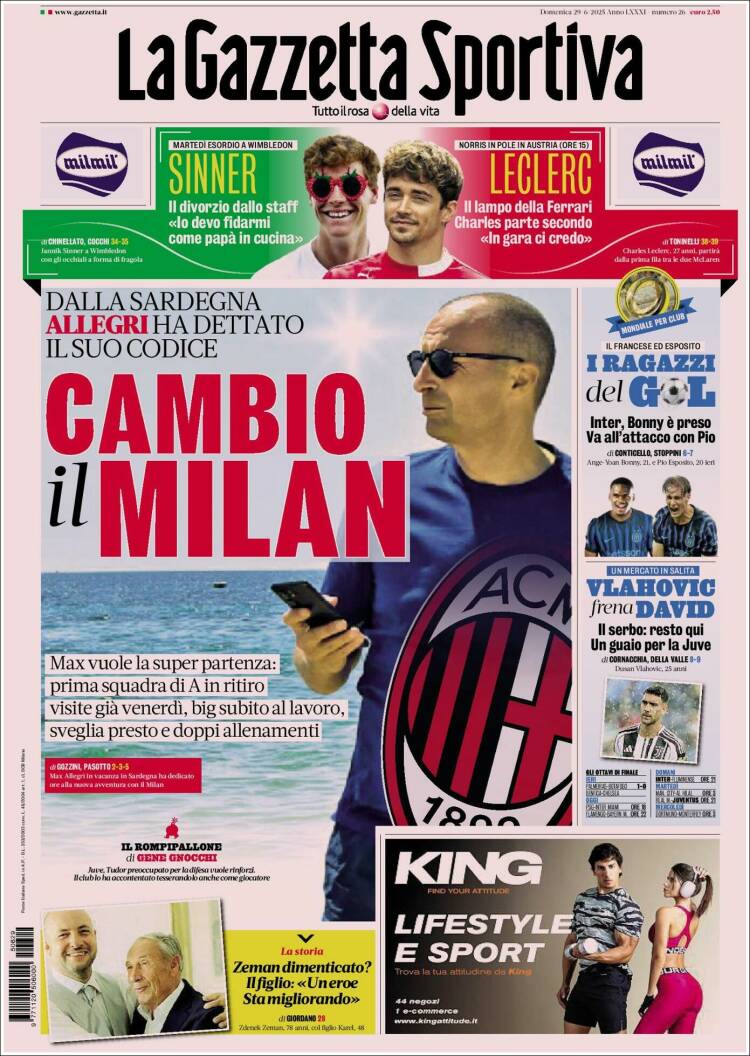 Portada de La Gazzetta dello Sport (Italia)