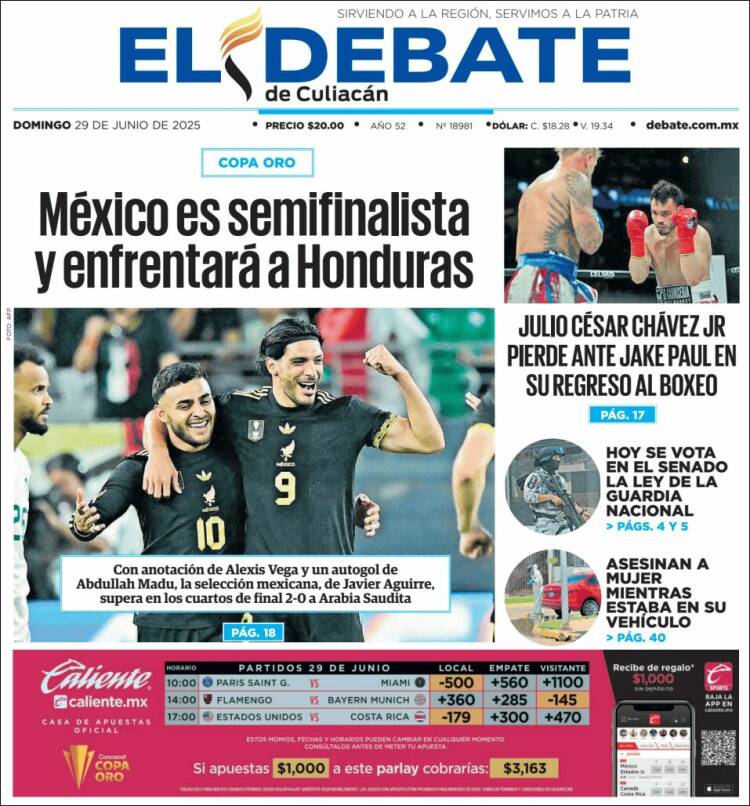 Portada de El Debate de Culiacán (México)