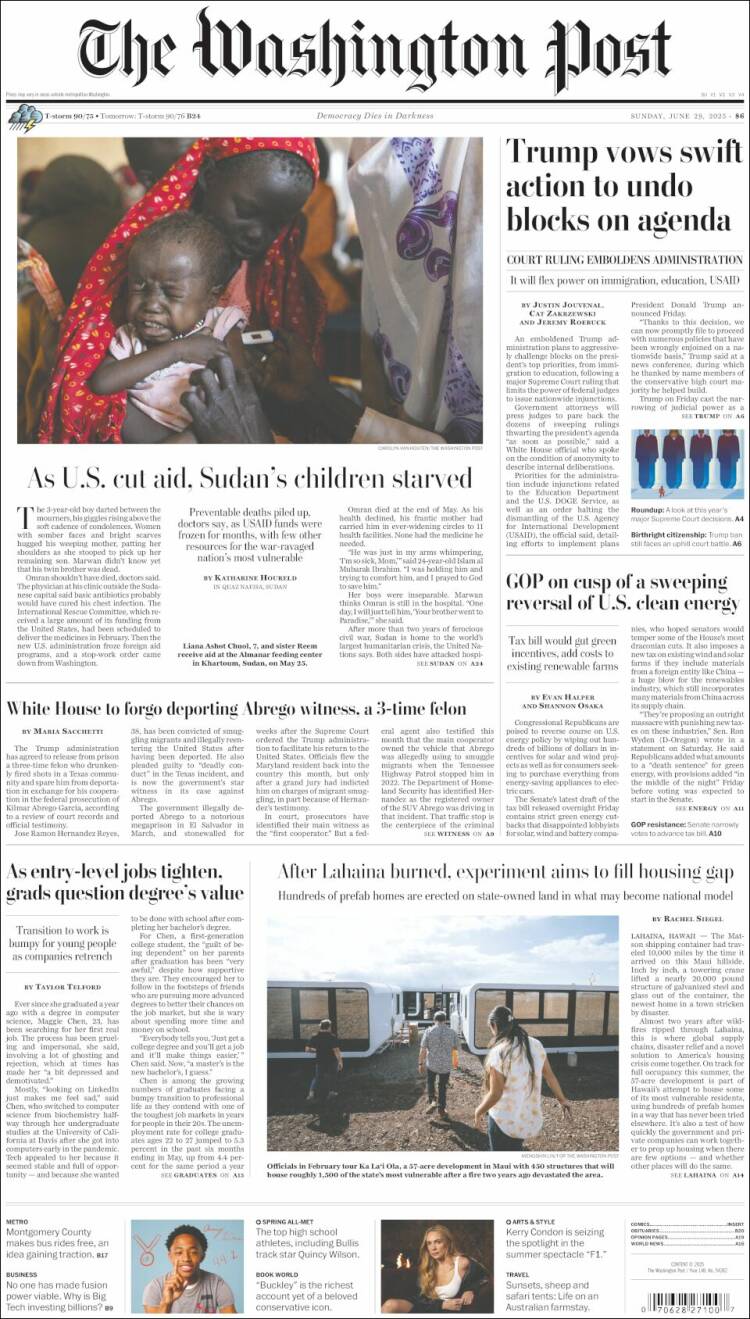 Portada de The Washington Post (USA)