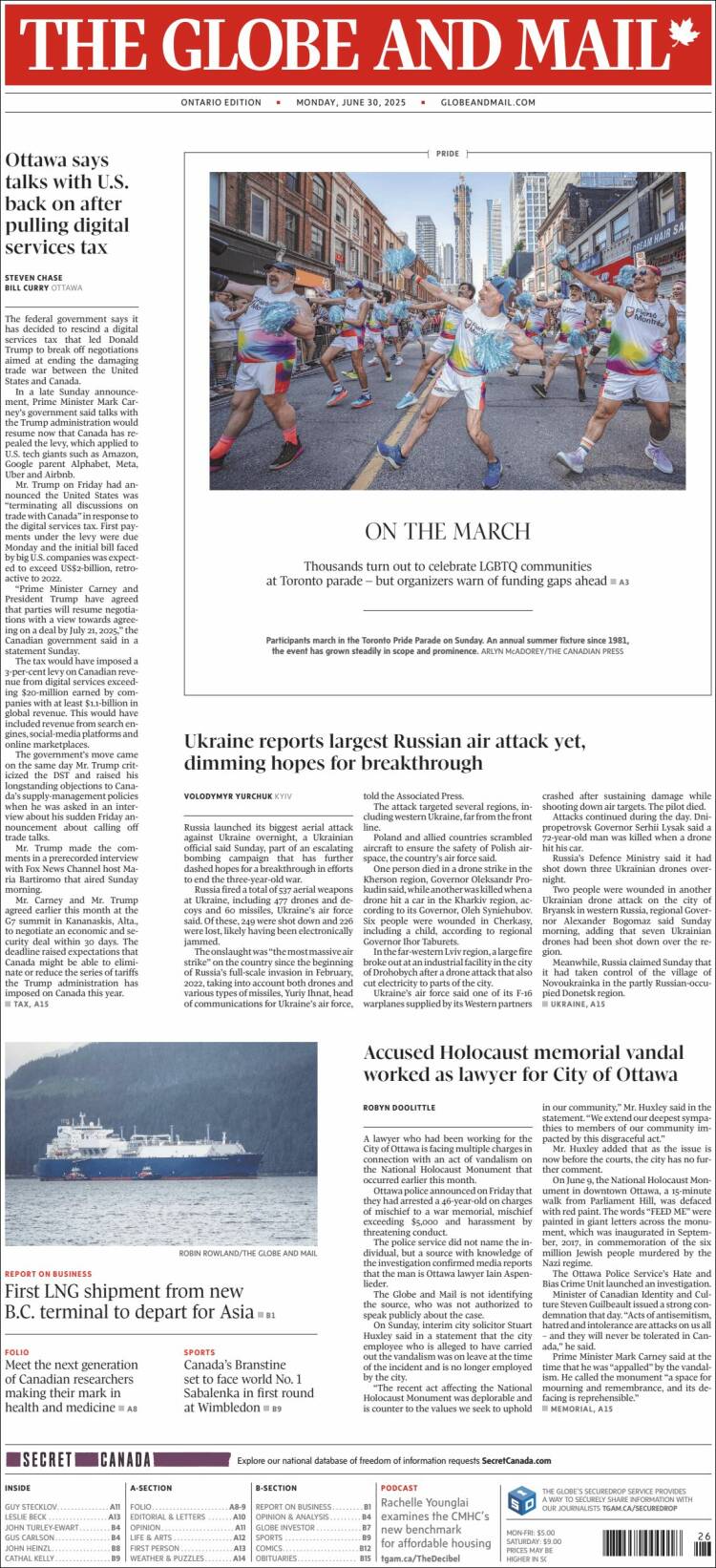 Portada de The Globe and Mail (Canada)