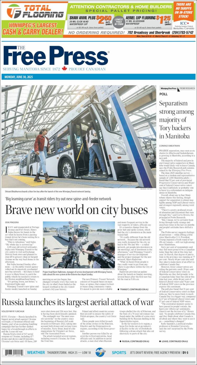 Portada de Winnipeg Free Press (Canada)