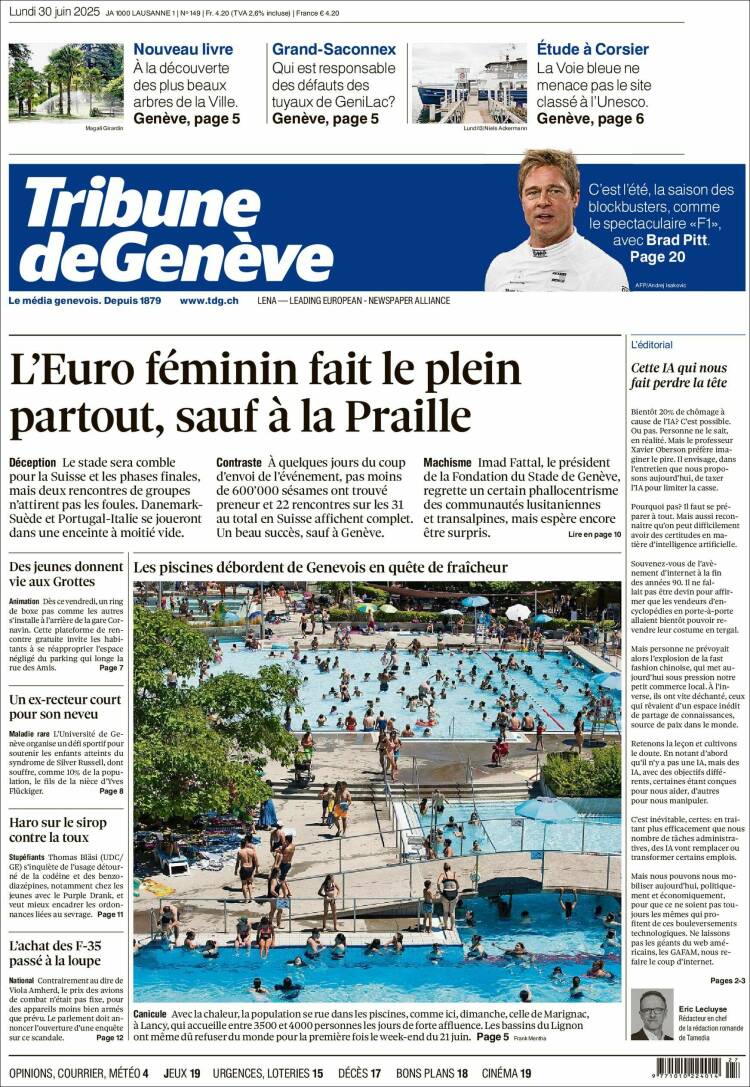 Portada de La Tribune de Genève (Suiza)
