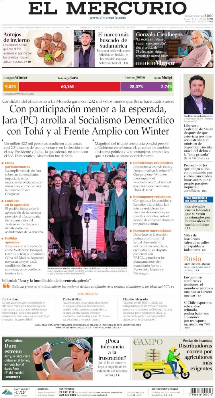 Portada de El Mercurio (Chile)