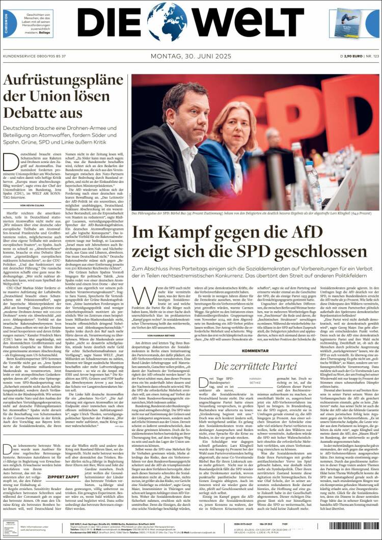 Portada de Die Welt (Alemania)