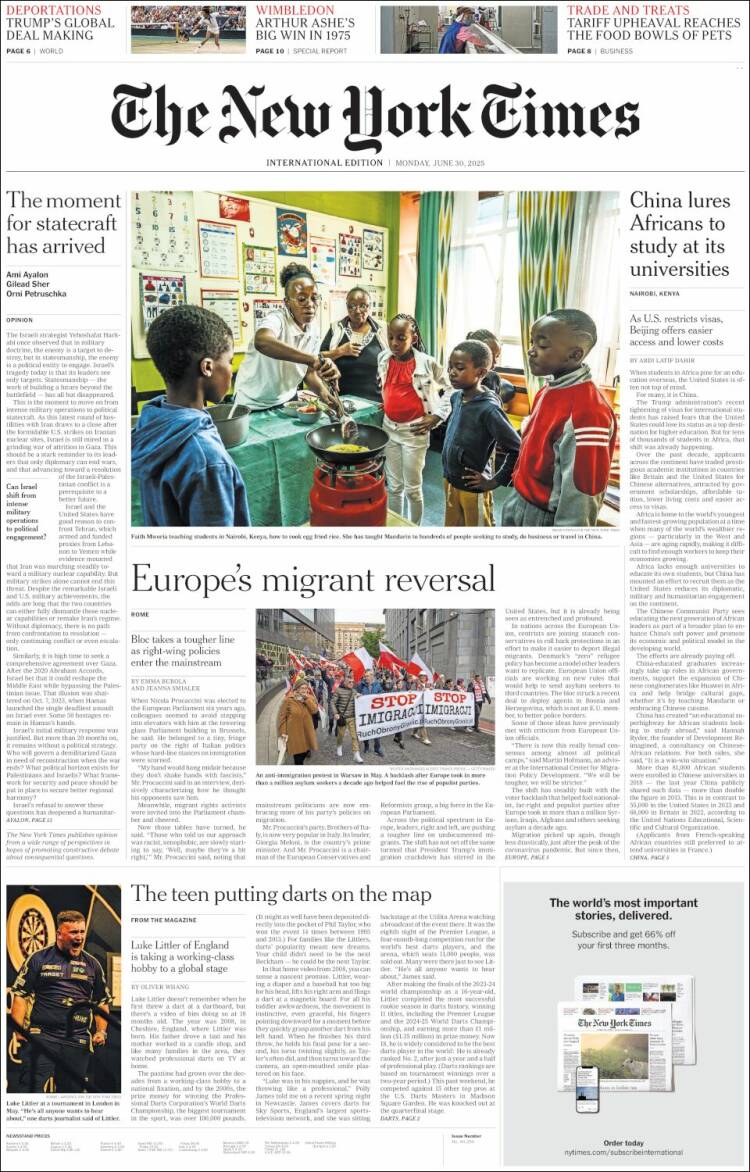 Portada de International New York Times (Europa)