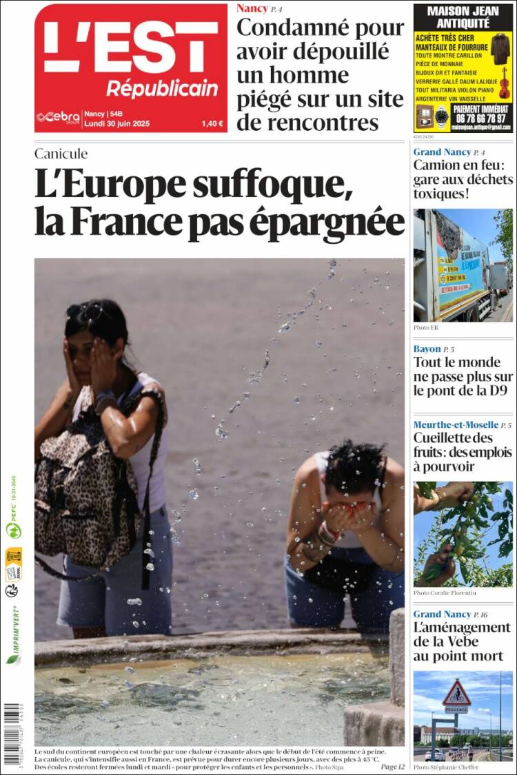 Portada de L'Est Republicain (Francia)